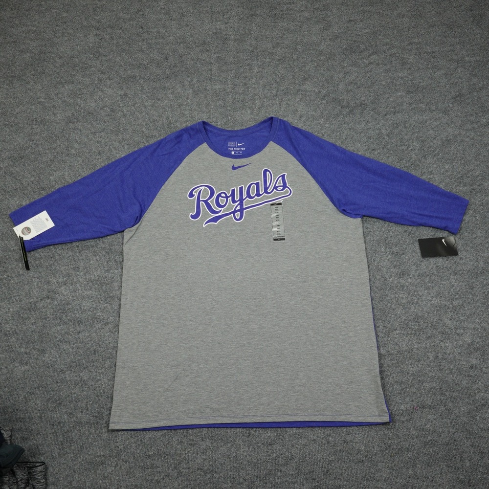 Kansas City Royals Shirt Mens XXL Grey Blue Nike Raglan 3/4 Sleeve MLB Baseball